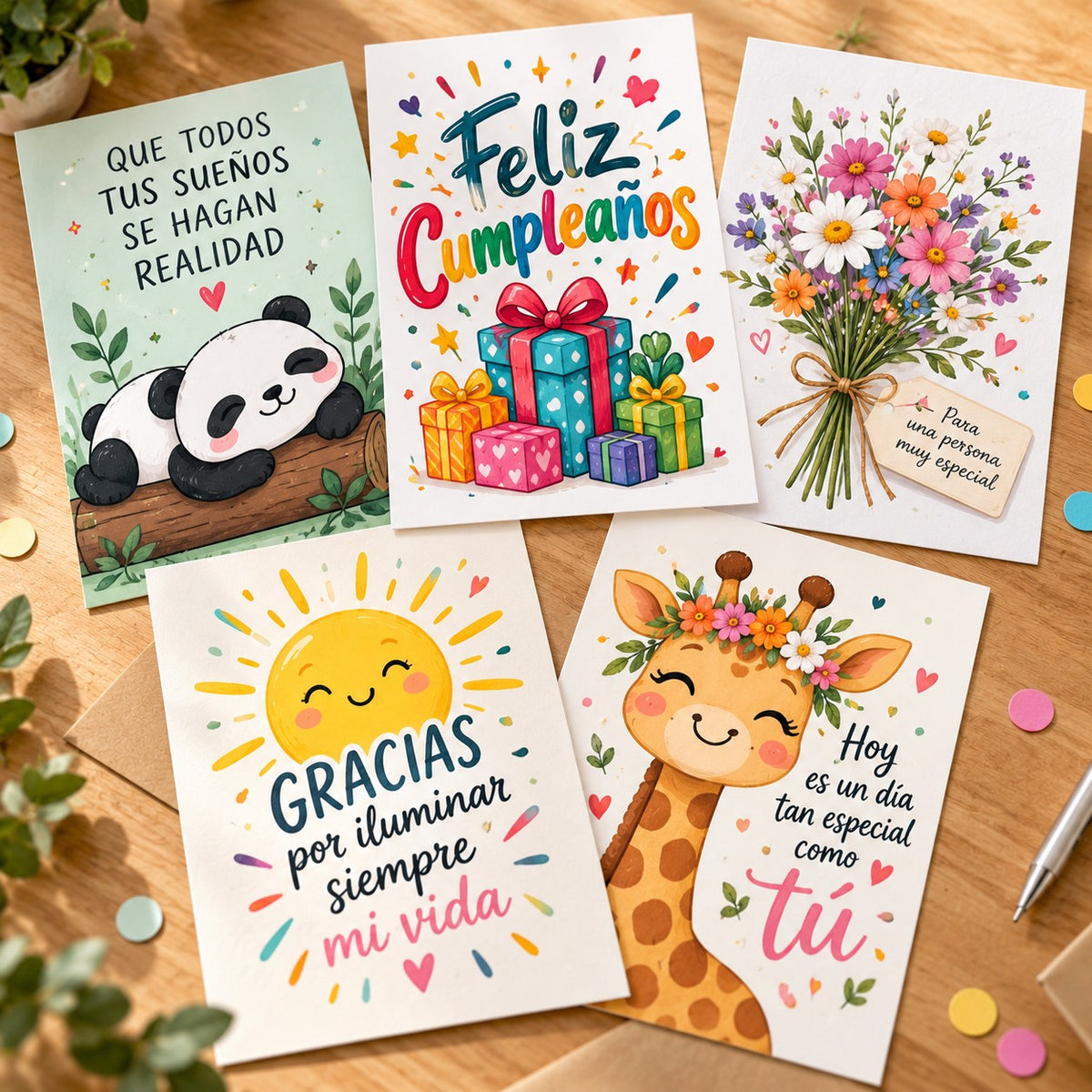 Tarjetas de felicitación A5 personalizadas: cumpleaños, flores, panda, jirafa y sol