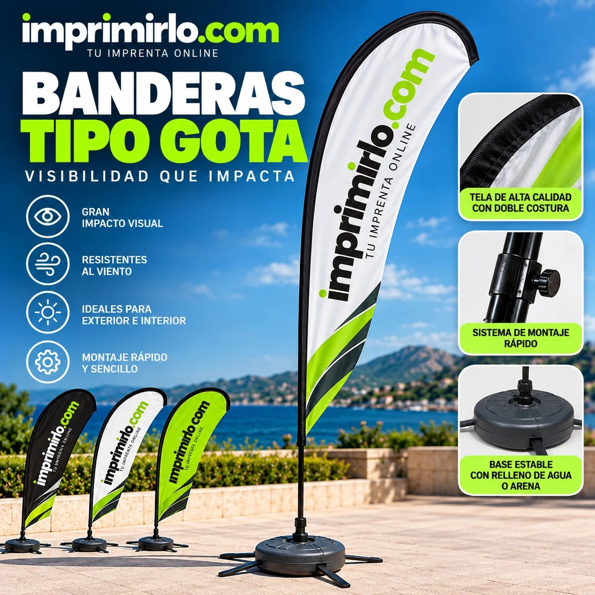 Banderas tipo gota personalizadas con tu logo, pack completo con base