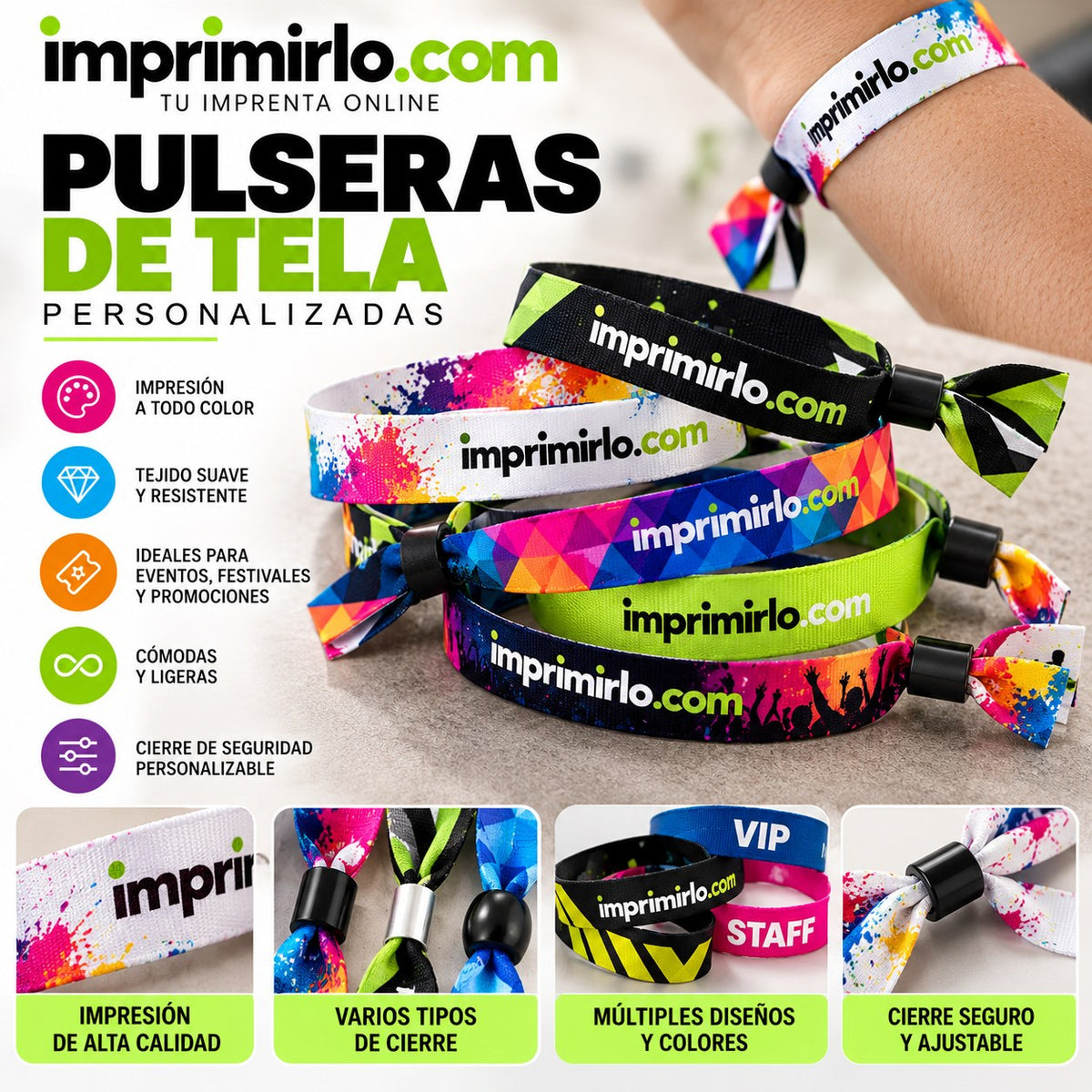 Pulseras de tela personalizadas con logo: impresión a todo color, cierre de seguridad personalizable
