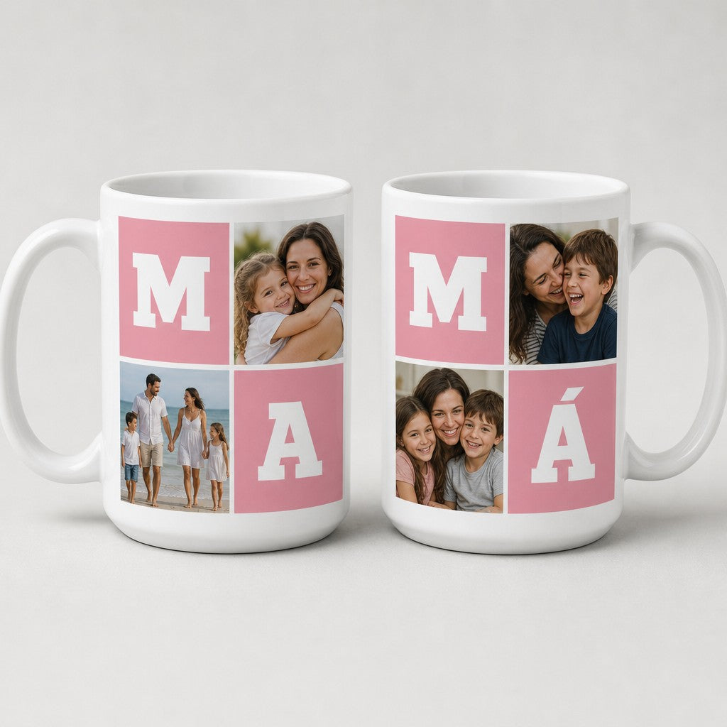 Taza con tu nombre MAMÁ hecho de letras en casillas rosas y fotos de familia