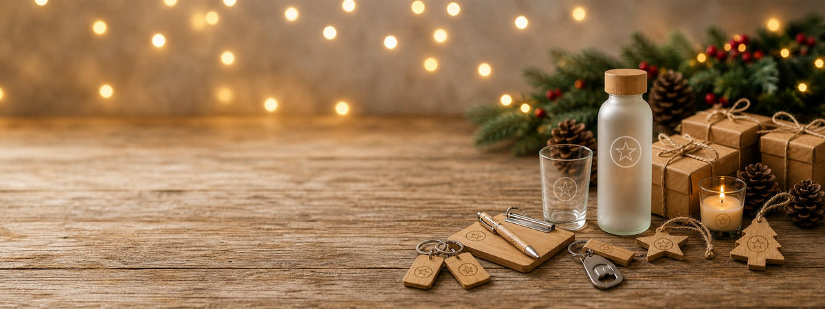 Regalos de Navidad personalizados con logo: botella de cristal con tapa de bambú, vaso, llaveros de madera, bolígrafo y adornos navideños