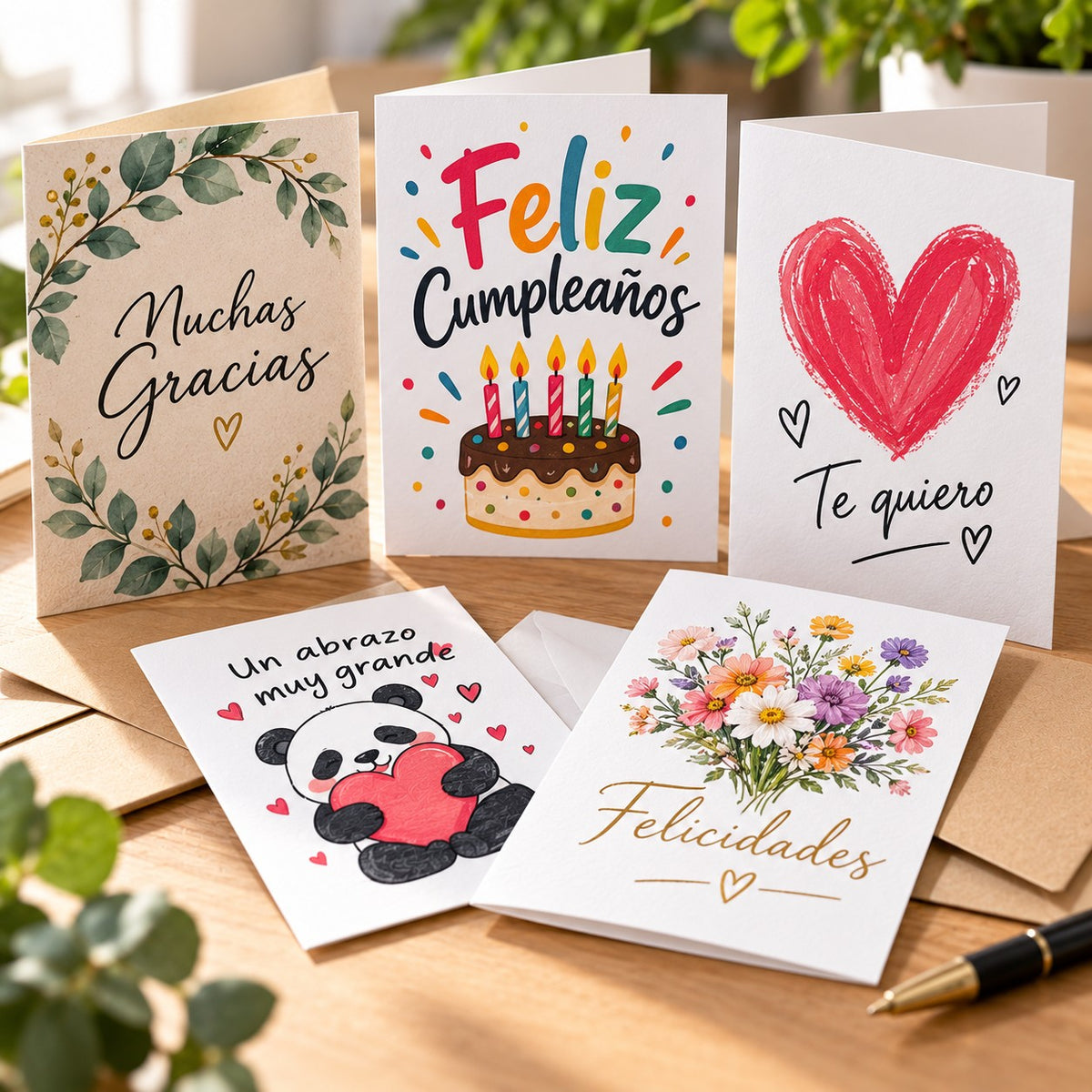 Tarjetas de felicitación plegadas A4 personalizadas: gracias, cumpleaños, te quiero, abrazo y felicidades
