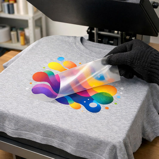 Transfer DTF aplicándose en la camiseta del cliente con la plancha