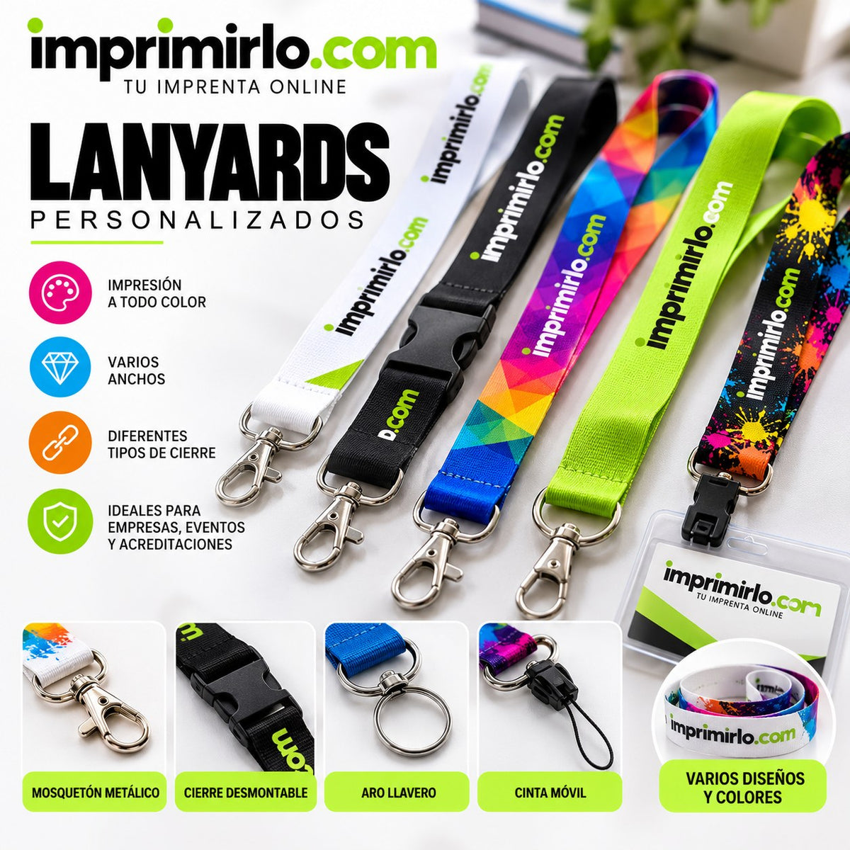 Cordones personalizados (lanyards) con logo: impresión a todo color, varios anchos y cierres