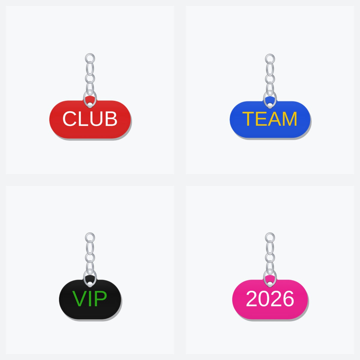 Ejemplos de llaveros de PVC con texto en distintos colores