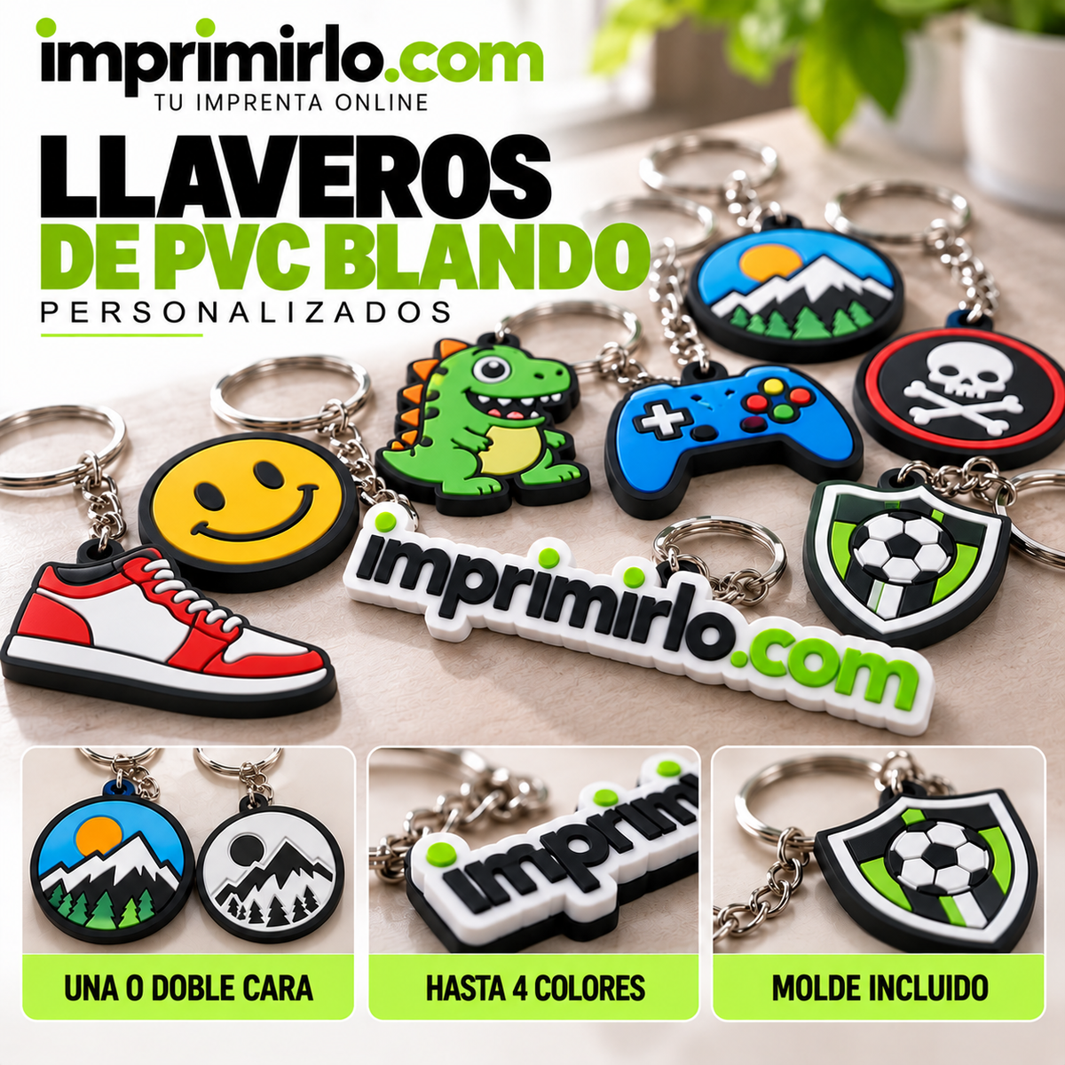 Llaveros de PVC blando personalizados: una o doble cara, hasta 4 colores, molde incluido