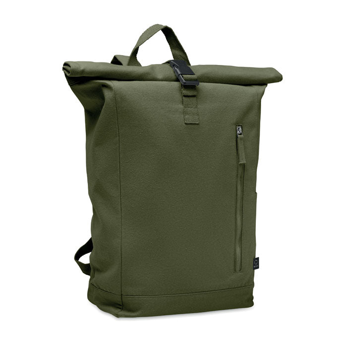 Mochila Roll Top de Algodón Reciclado Personalizada en color verde militar