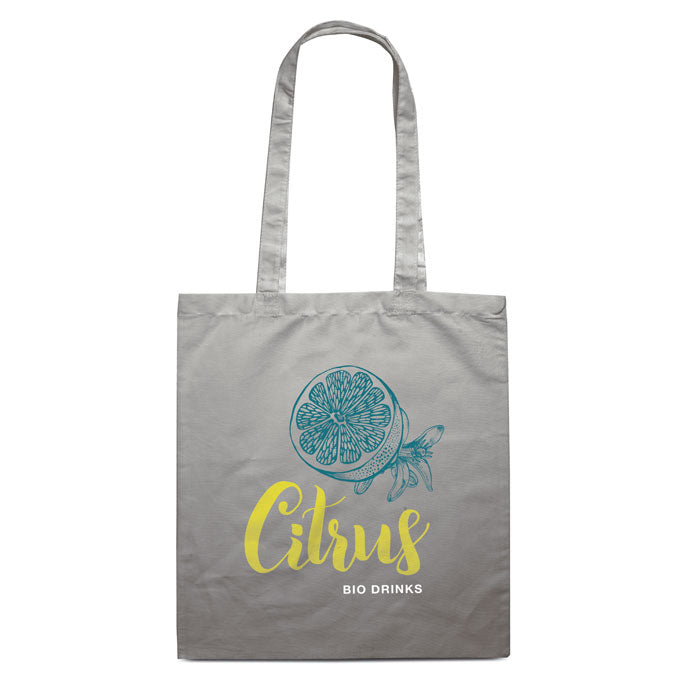 Bolsa de algodón gris con un diseño impreso a todo color de ejemplo