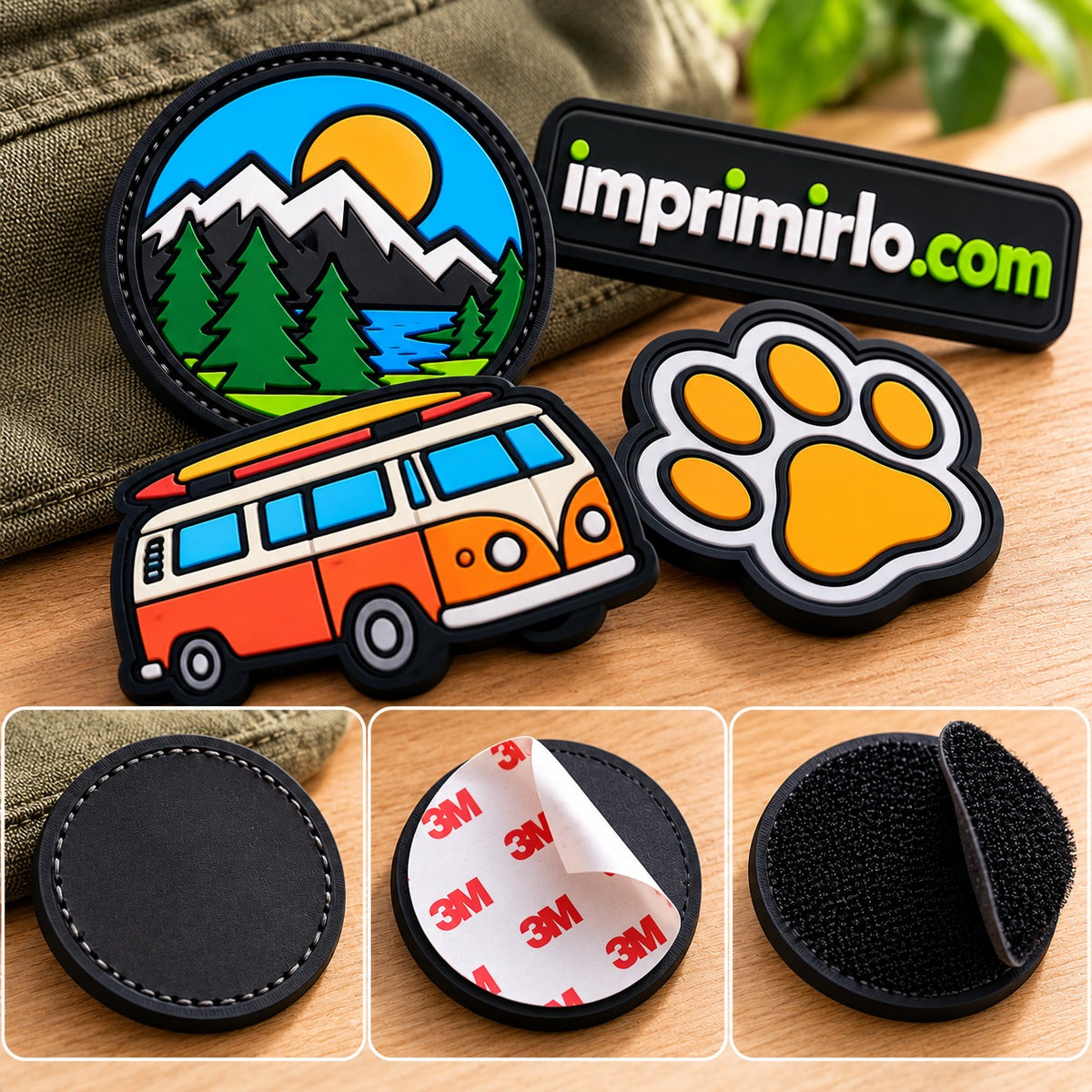 Parches de PVC personalizados de distintas formas, con respaldo cosido, 3M autoadhesivo y Velcro