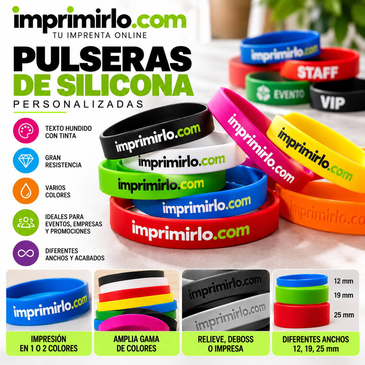 Pulseras de silicona personalizadas: texto hundido con tinta, relieve, deboss o impresa, varios colores y anchos de 12, 19 y 25 mm