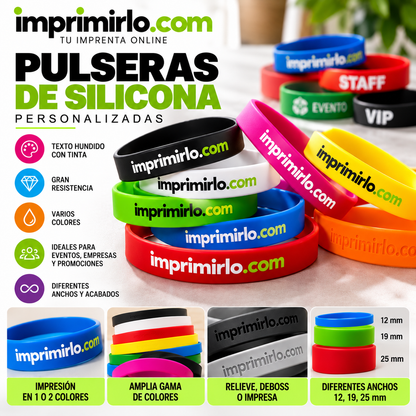Pulseras de silicona personalizadas: texto hundido con tinta, relieve, deboss o impresa, varios colores y anchos de 12, 19 y 25 mm