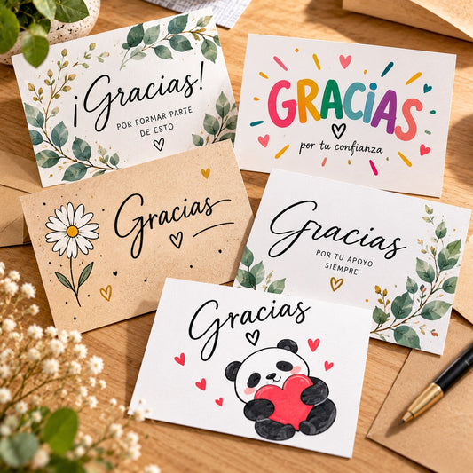 Tarjetas de agradecimiento personalizadas 10,5×14,8 cm: gracias con hojas, flores, panda y colores