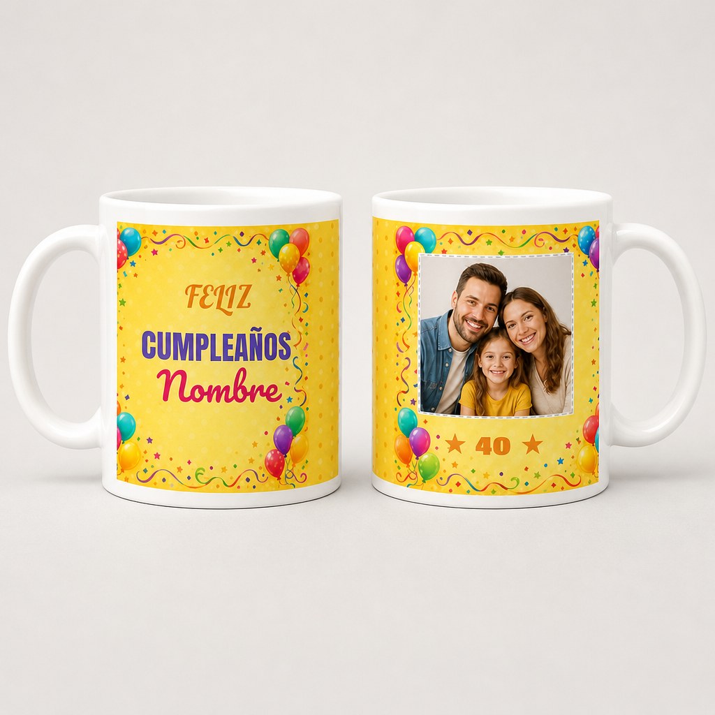 Taza de cumpleaños personalizada con foto y nombre, diseño amarillo con globos