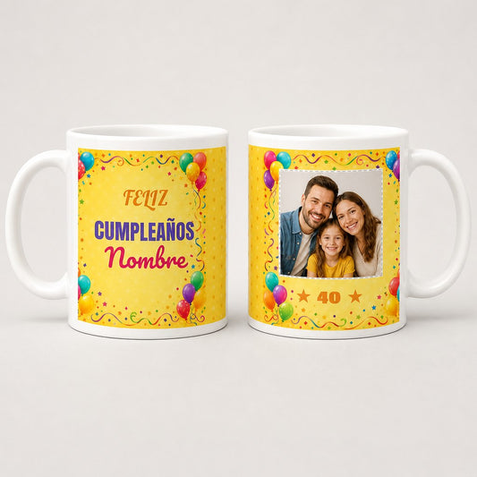 Taza de cumpleaños personalizada con foto y nombre, diseño amarillo con globos