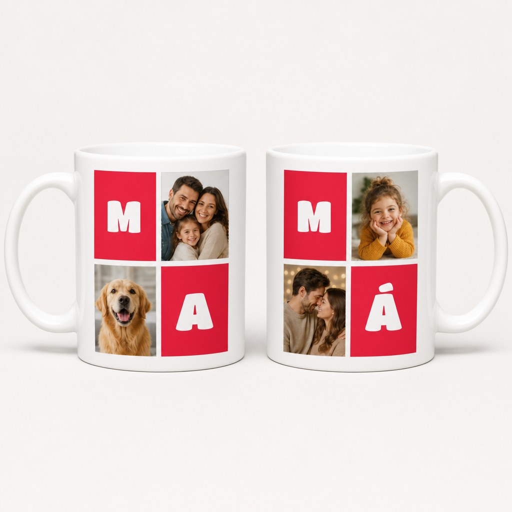 Taza para mamá personalizada con la palabra MAMÁ en letras de color y fotos