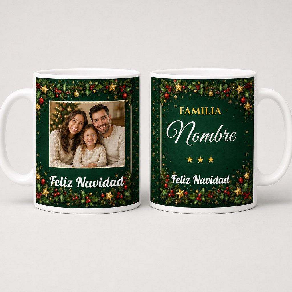 Taza de Navidad personalizada con foto y nombre, diseño verde con marco navideño