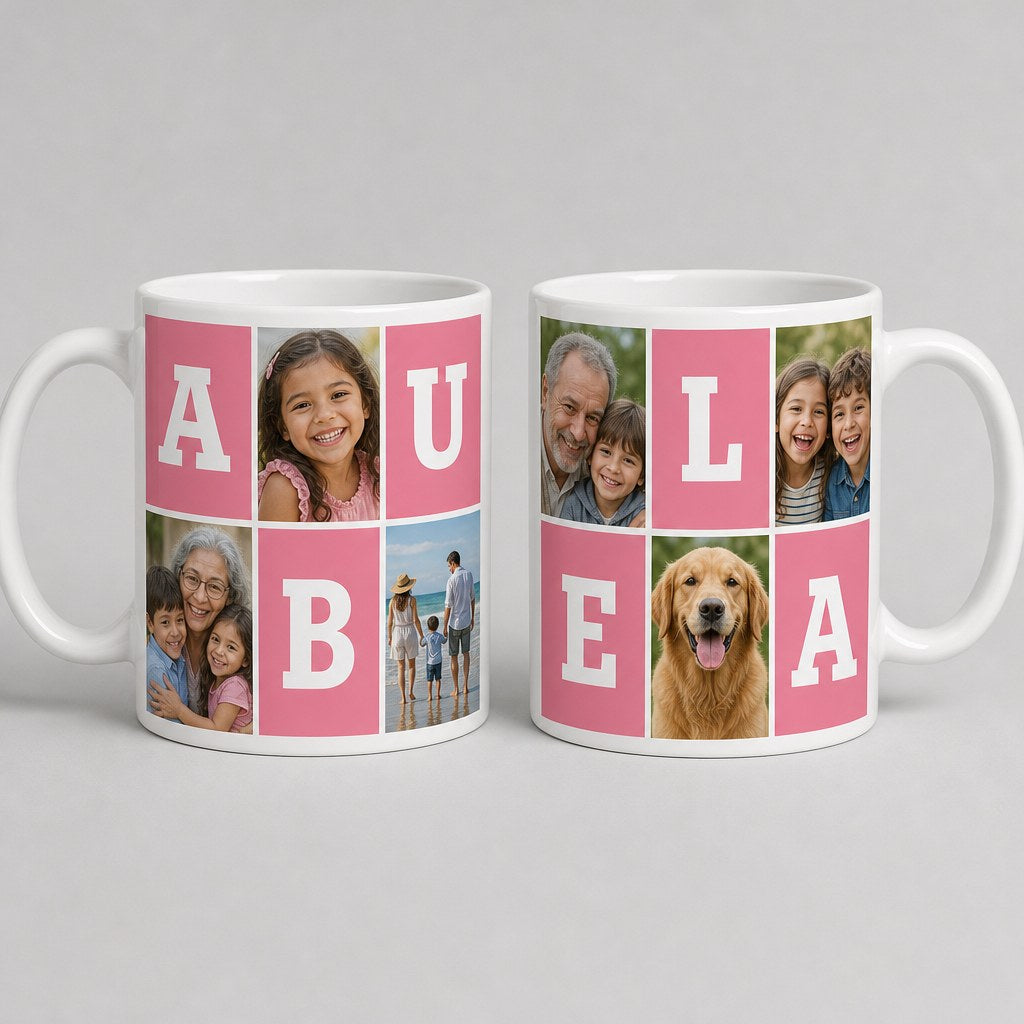 Taza con el nombre ABUELA hecho de letras en casillas rosas y fotos de familia