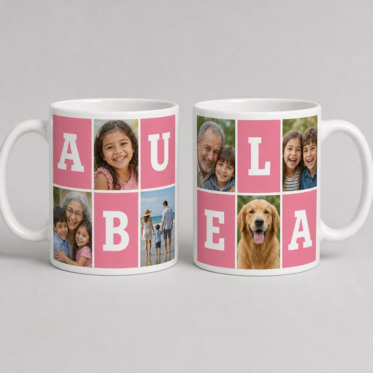 Taza con el nombre ABUELA hecho de letras en casillas rosas y fotos de familia
