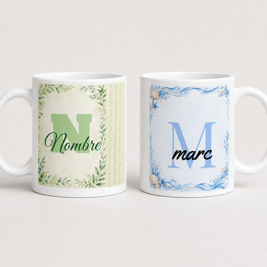 Taza con nombre e inicial personalizada, diseños verde, azul y rosa
