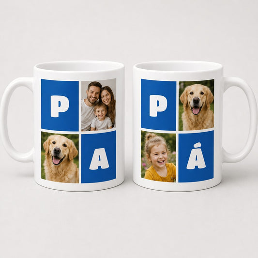 Taza para papá personalizada con la palabra PAPÁ en letras azules y fotos