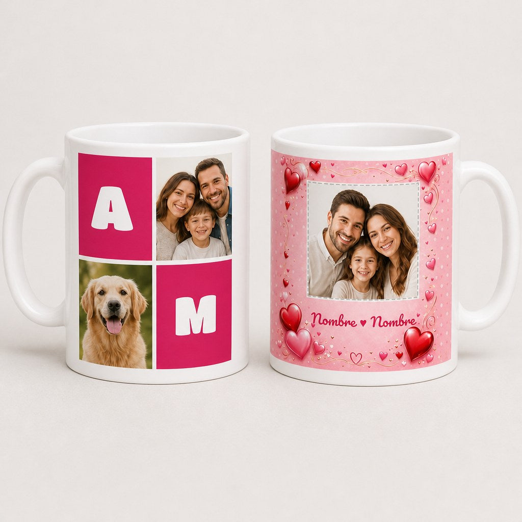 Taza para parejas personalizada con fotos y nombres, diseño de corazones