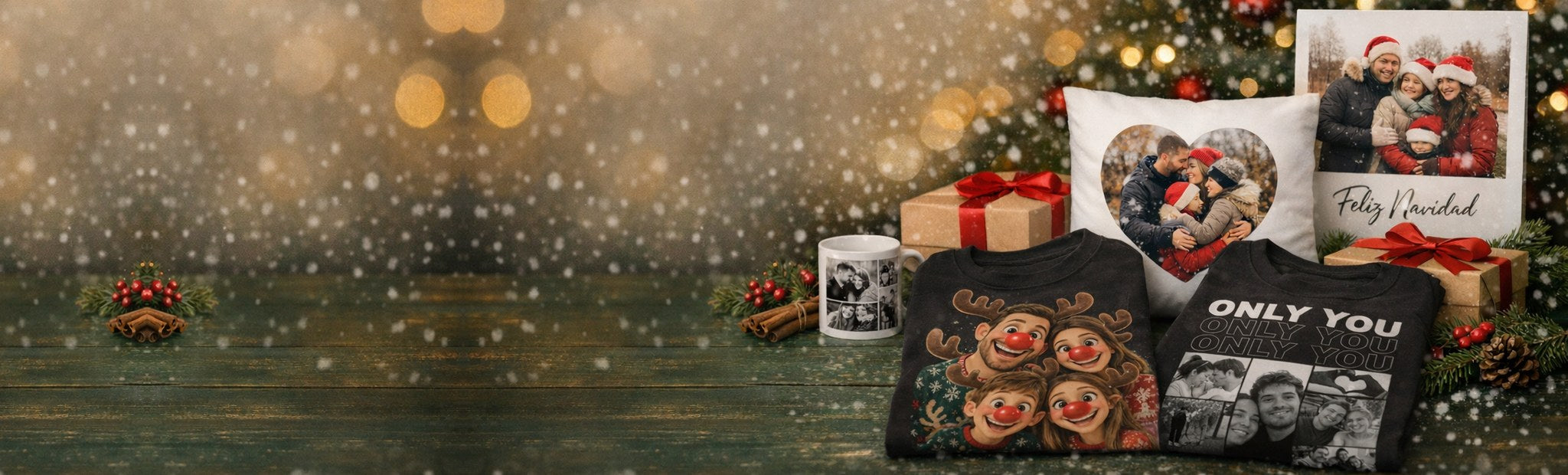 Regalos de Navidad personalizados con tu foto: camiseta, taza, cojín y lámina con fotos de familia, regalos y un árbol de Navidad